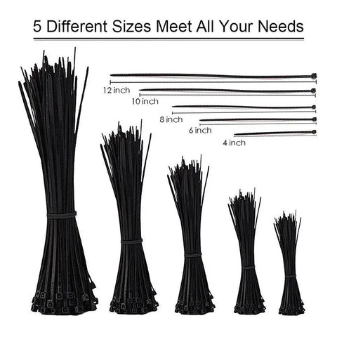 Assorted 500 Pack Self Locking Nylon Cable Ties 4 6 8 10 12 Inch Lengths 0.16 Inch Width Heavy Duty Black in various sizes