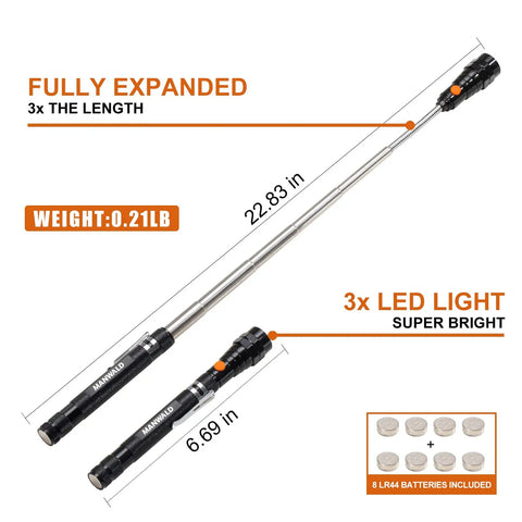 Magnetic Pickup Tool With Telescoping Flashlight And Extendable Magnet Stick Three Bright LED Lights For Tight Corners Includes Eight Batteries