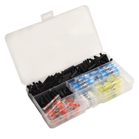 Top Notch Heat Shrink Solder Wire Connectors Kit With 300 Waterproof Butt Terminals And Seal Sleeves For Marine Auto Electrical Cable Splice In Vibrant Red Blue White Yellow Black Assorted Sizes To Fix Any Messy Wiring Job. plastic case with assorted heat shrink solder connectors and black tubes