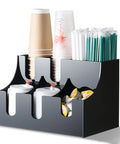 Heavy Duty Clear Acrylic Coffee Station Organizer And Coffee Bar Condiment Holder Bin with cups and straws visible.