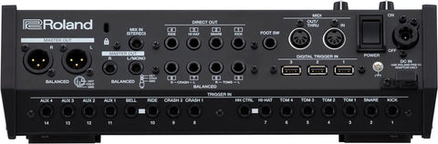 Back view of V-Drums V71 Drum Sound Module With Dope Kit Library, showing audio inputs, outputs, and MIDI ports.