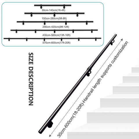 Heavy Duty Black Metal Stair Railing Wall Mounted Non Slip Handrail For Indoor Outdoor Stairs Solid Safety Grab Bar Size Details Image