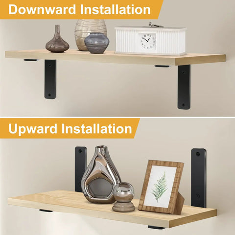 Heavy Duty Black L Shelf Brackets Four Pack Rustic Iron Floating Shelf Supports With Durable Powder Coat used for downward and upward installation.