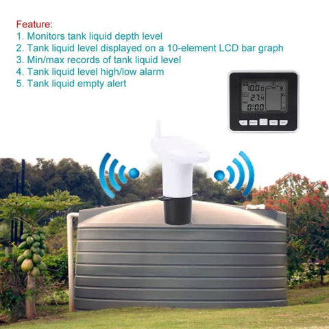 Ultrasonic Water Tank Level Meter With Temperature Display And Liquid Depth Sensor installed on a large outdoor tank.
