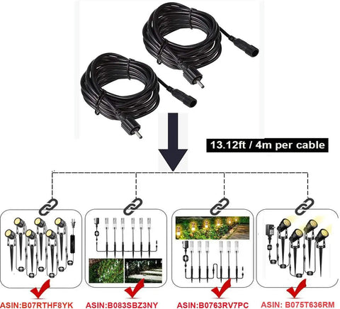 2 Pack Heavy Duty 13 Foot Outdoor Extension Cords Waterproof Cable For Landscape Lighting And Garden Path Lights - two 13.12ft black cables connected.