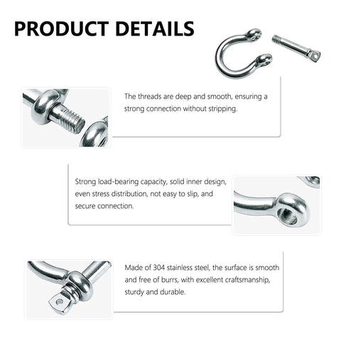Product details of 304 Stainless Steel Bow D Ring Shackles Heavy Duty Screw Pin Anchor Shackle Set 5/32 Inch for marine use.
