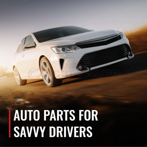 White car driving on road with text 'Auto Parts for Savvy Drivers' in advertisement