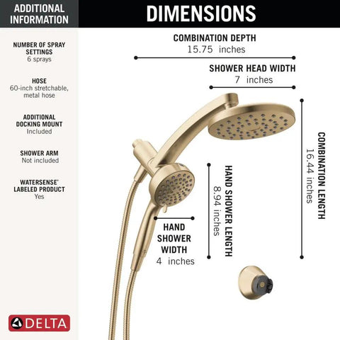 Dimensions of Real Deal 3 In 1 Rainfall And Handheld Shower Head With 360 Pivot Body And High Pressure Pro Clean Spray.