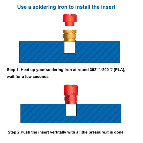Diagram of installing heat set inserts with soldering iron for 3D printing parts using PLA; Heat Set Inserts For Plastic 3D Printing Kit