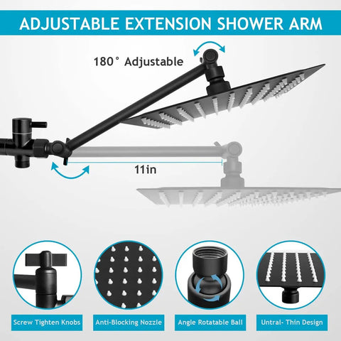 8 Inch Rain Shower Head With 11 Inch Adjustable Arm And 60 Inch Hose, High Pressure Handheld Combo With 3 Spray Settings, Matte Black Finish