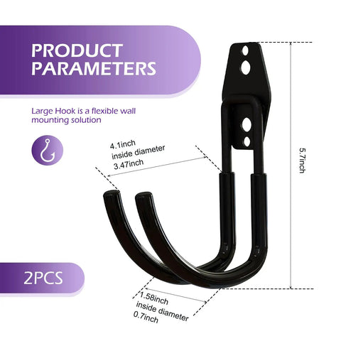 Dimensions of 2 Pack Heavy Duty EV Charger Holder Wall Mounts shown with measurements, featuring black J Hook Cable Retractors.