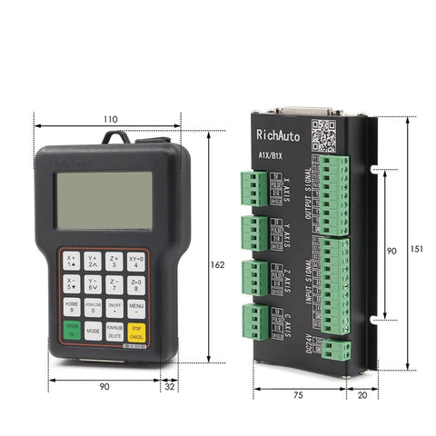 3 Axis CNC Wireless Controller For Routers And Engravers, A11E Motion Control Board shown with dimensions and interface details