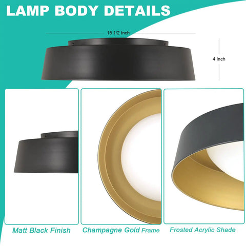 Ultra Bright LED Flush Mount Ceiling Light 26W 1800 Lumens Dimmable with matt black frame and gold interior details