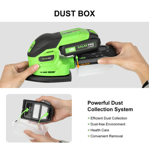 Demonstration of dust box removal on Garage Shop Ready Compact Detail Sander With 1.1A Motor Delivers 14,000 OPM for woodworking