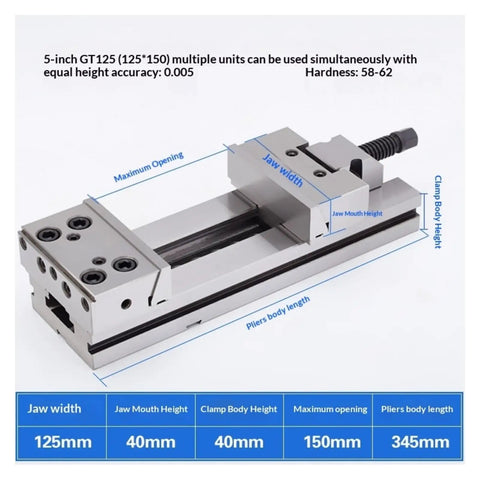 5-inch GT125 clamping tool with 125mm jaw width, heavy gauge steel for precision work, shown with measurement details.