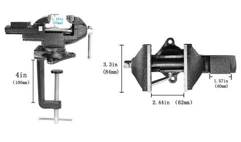 Side and front view of Do It All Clamp On Vise For Bench Or Table Use With Quick Adjustment And 360 Degree Rotation 3.3 Inch Jaw. Measurements shown.