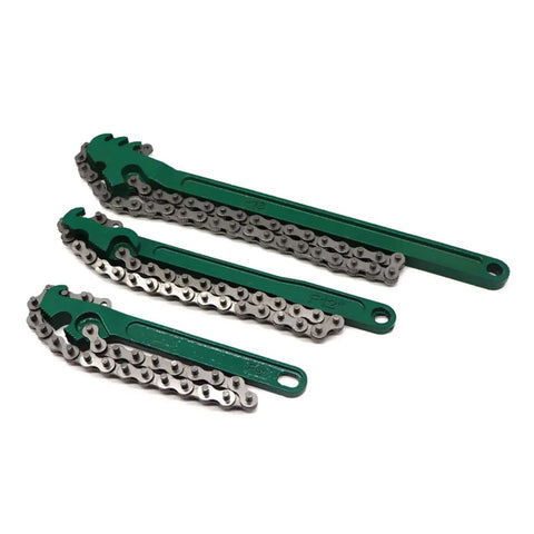Heavy Duty Chain Wrench Set 3 Piece Adjustable Oil Filter Chain Wrenches 9 Inch, 12 Inch, And 16 Inch Fits 1.5 To 8 Inch Diameter