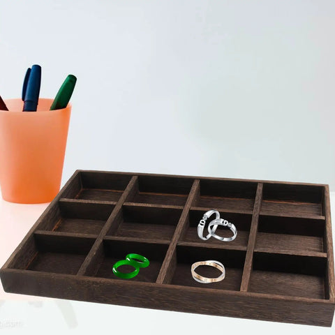 Vintage Rustic Wooden Jewelry Tray 12 Compartment Ring Earring Storage Holder With Solid Wood Build For Bedroom Dresser Desktop Accessory Caddy displaying rings in slots.