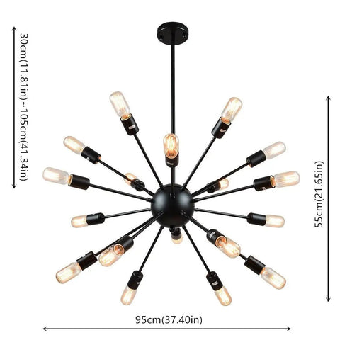 Vintage Metal Sputnik Chandelier With 18 Dimmable Lights In Black Finish showcased with adjustable hanging bars and dimensions.