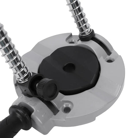 Close-up of Portable Drill Press Adapter and Drill Guide Jig Stand with heavy duty aluminum cast iron build for accurate drilling.