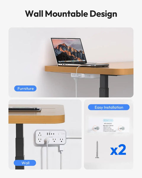 25 Foot Flat Extension Cord Power Strip With Ten Outlets And Four USB Ports Including Two USB C Ports Three Sided 3 Prong And 2 Prong Design Wall Mount Ready Overload Protection Surge Safe White wall-mounted under desk with laptop