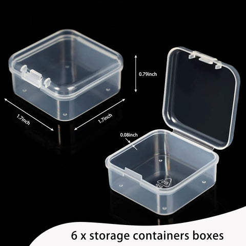 Six Piece Mini Clear Plastic Storage Containers Set for Beads Jewelry Craft Supplies Small Parts Game Pieces and Cards Compact 1.7 x 1.7 x 0.8 Inch Boxes Display