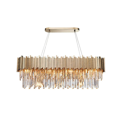 Dope Gold Metal Led Pendant Light With Sparkling K9 Crystals, Easy Hook Up Installation, modern long ceiling fixture with crystals.