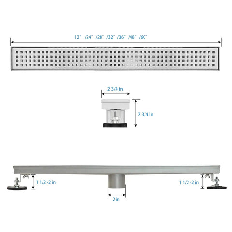 Dimensions of 36 Inch Linear Shower Drain With Removable Square Panel Brushed 304 Stainless Steel, Adjustable Feet, Hair Strainer