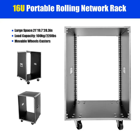Rock Solid 16U Portable Rolling Network Rack Studio Server Cabinet With Built Handles Smooth Swivel Casters Fire Resistant PVC Surface, showcased from front view.
