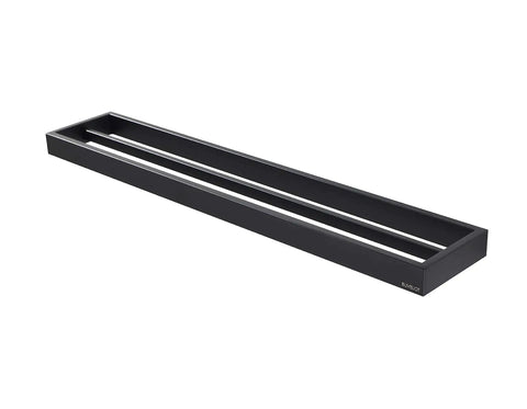 Matte Black Dope Double Towel Bar Wall Mount, Heavy Duty 23.6 Inch Stainless Steel Towel Rack, sleek hotel style, angled view.