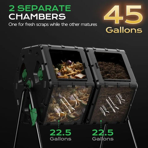 Heavy Duty 45 Gallon Plastic Compost Bin With Dual Chamber Rotating Tumbler, showing interior of 2 sliding door chambers.