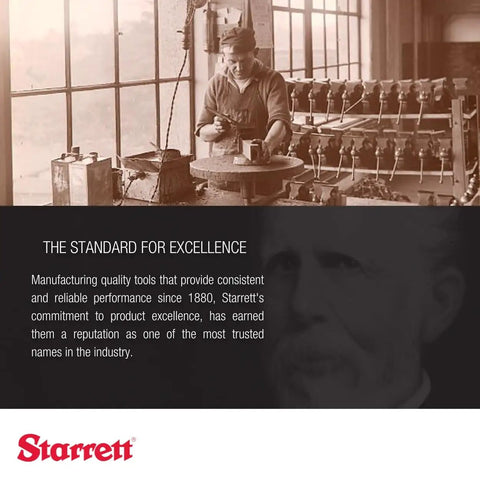 Vintage workshop scene with a craftsman and text about Starrett's tool-making excellence and reputation in the industry.