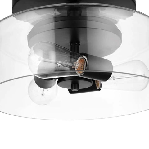 Industrial 3 Light Flush Mount Ceiling Fixture In Matte Black With Clear Glass Shade And Vintage Edison Bulbs Included