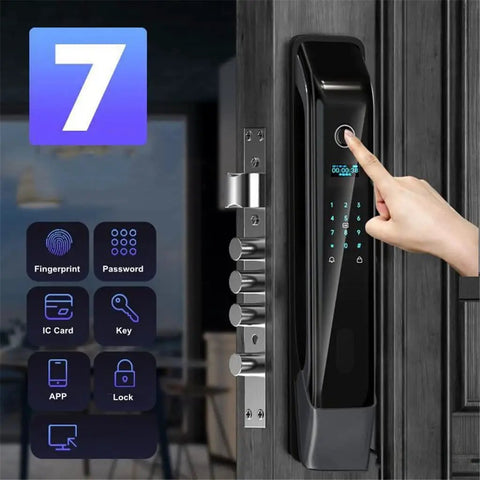 Built Different Fingerprint Smart Door Lock With Keyless Biometric Entry Auto Lock And Dead Secure Anti Theft Alarm For Foolproof Home And Business Security featuring a hand activating the fingerprint sensor.