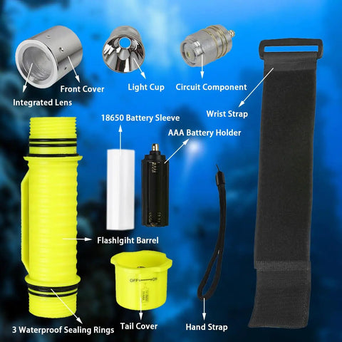 Components of Two Pack Underwater LED Flashlights For Diving, Crazy Bright Scuba Lights With IPX8 Waterproof Rating