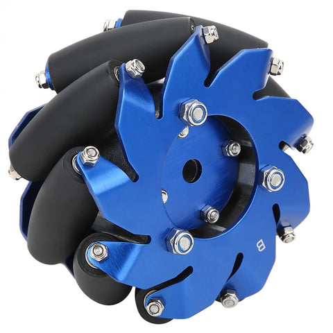 Close-up of left 4in blue aluminum Mecanum wheel with TPU rubber rollers for robotics