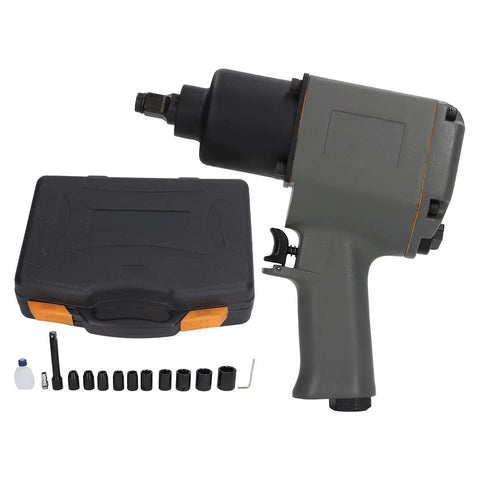 Professional Beefy 1/2 Inch Air Impact Wrench Boasting An Insane 850 Nm Of Rock Hard Torque And A Blazing 7500 Rpm Spin For Garage Crews On Any Weekend Project with attachments in a toolbox.