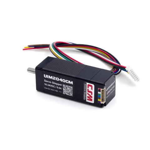 Front view of UIM2040CM NEMA 8 servo stepper motor with encoder; black housing, metal shaft, multi-wire cable connector