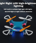 Mini Drone For Beginners With Easy Stunt Flights And 360 Degree Tricks, blue quadcopter with LED lights, night flight view