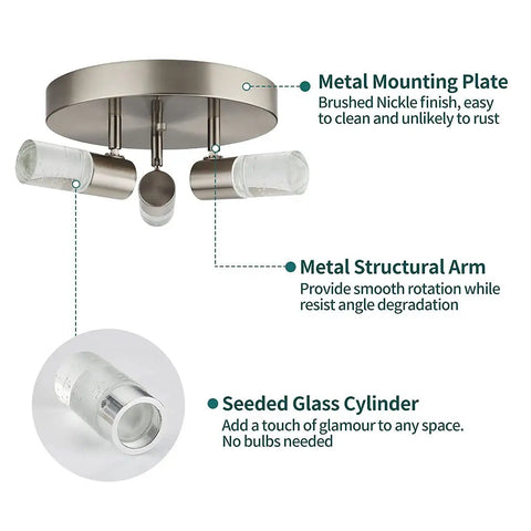 Three Light Semi Flush Mount LED Ceiling Light With Directional Heads, brushed nickel finish, crystal cylinder accents
