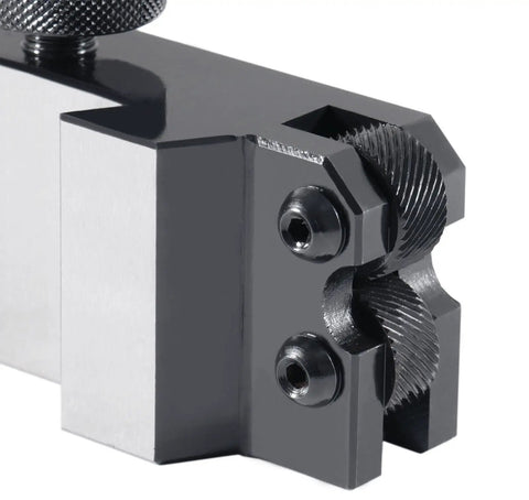 Close-up of BXA Knurling Turning And Facing Quick Change Tool Holder Style 10, showing knurling detail and steel finish.