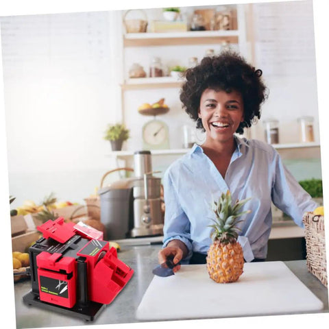 Top Shelf Electric Knife Sharpener For Kitchen Blades And Drill Bits Quick Multi Function Tool placed on countertop with a smiling woman holding a pineapple.