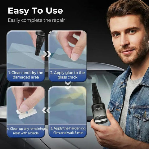 Man demonstrating Windshield Crack Repair Kit With Quick Glass Repair Fluid Easy DIY Fix For Chips And Cracks