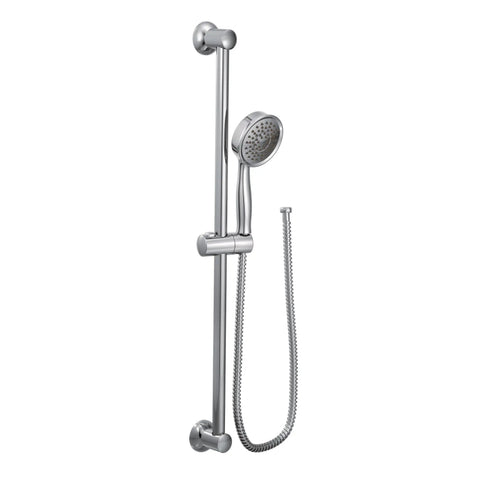 Chrome Eco-Performance Detachable Handheld Showerhead with 69 inch hose and 24 inch slide bar, adjustable height displayed