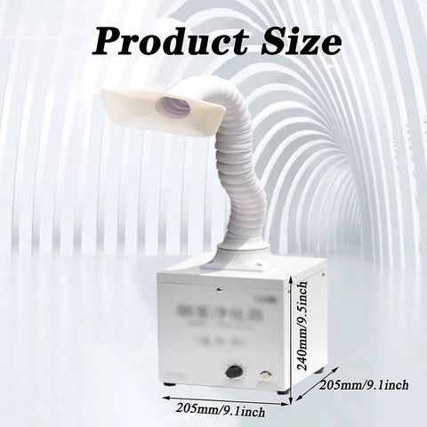 Heavy Duty Welding Fume Extractor With Killer Suction And Three Layer Filtration For Clean Air During Soldering Jobs Low Noise Design showing product size and adjustable tube.