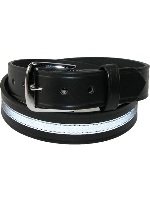 Leather Work Belt With Reflective Safety Stripe 1.5 Inch Wide In Black, Removable Silver Buckle, Made In USA, rolled view