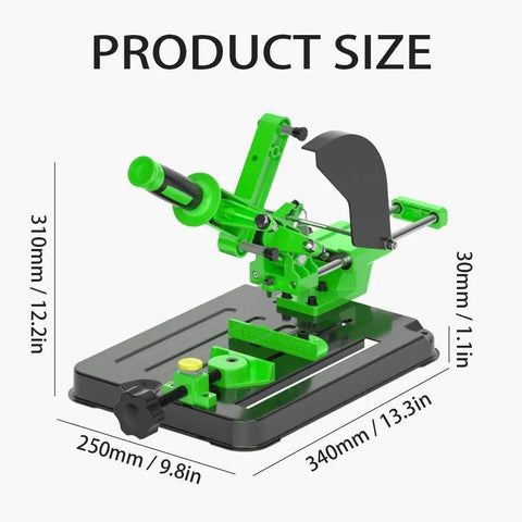 Universal Angle Grinder Stand Converter And Workstation Bracket For 100 115 125mm Grinders Polishing And Cutting Multi Angle Desktop Mount With Pull Rod Fits Two Sided M8 M10 Holes shown in green with dimensions.
