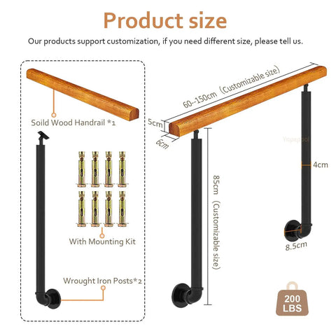 Built Tough Adjustable Solid Wood Outdoor Handrail Kit With Heavy Duty Iron Brackets size diagram showing wooden handrail and iron posts.