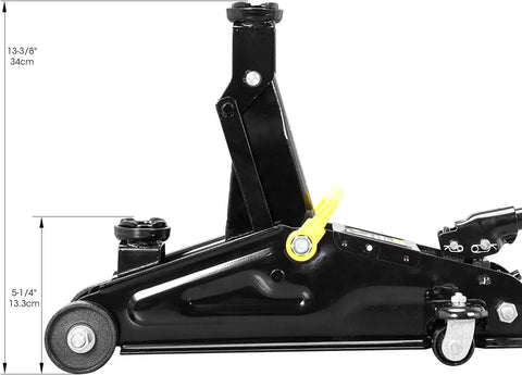 Heavy Duty Hydraulic Floor Jack And Two Adjustable Steel Jack Stands Featuring Two Ton Four Thousand Pound Lifting Power side view with dimensions.