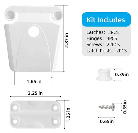 Image showing dimensions and pieces of the Igloo Cooler Hinge And Latch Replacement Kit For 25 To 165 Quart Coolers, Includes 4 Hinges And 2 Latches, Easy Install High Strength Freezer Latch, Plastic Hinges, Latch Posts And Screws.